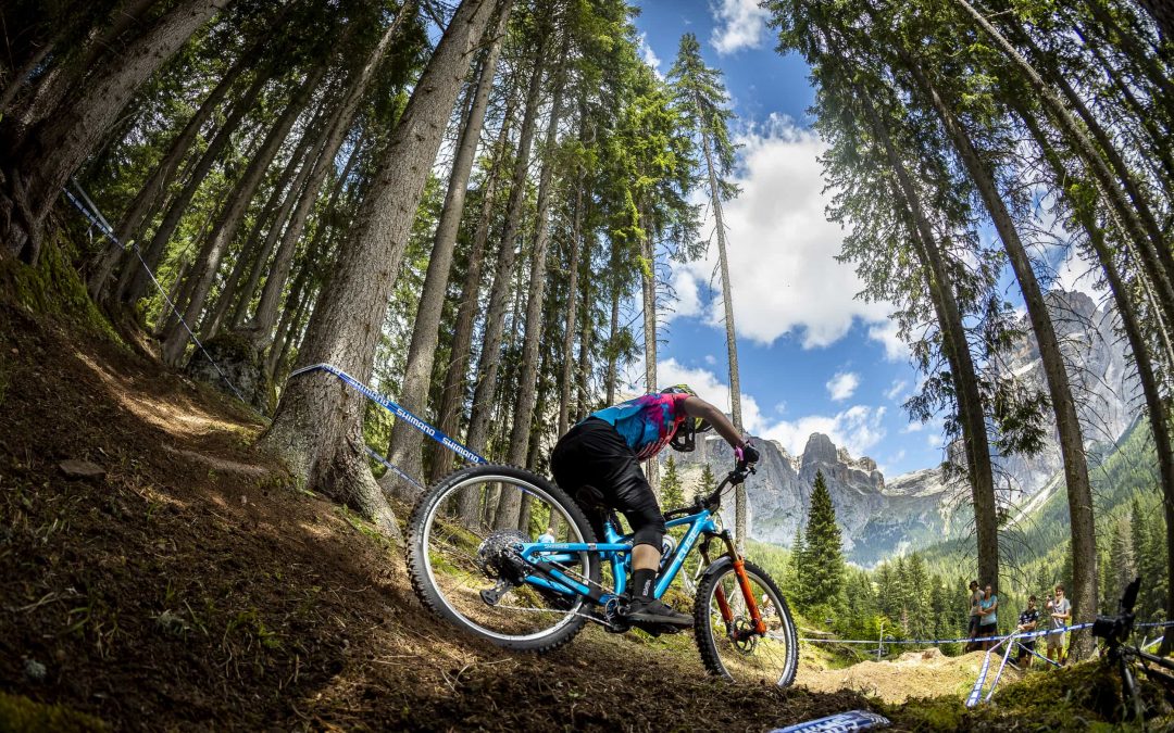 Ein Mountainbiker in farbenfroher Ausrüstung fährt bergab durch einen dichten Wald, mit hohen Bäumen und Bergen im Hintergrund unter einem teilweise bewölkten Himmel. Zuschauer schauen aus der Ferne zu. Blaues Klebeband markiert die Rennstrecke.
