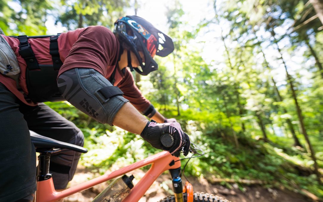 Eine Person mit Schutzausrüstung und Helm fährt auf einem Mountainbike durch einen sonnenbeschienenen Waldweg, hält sich am Lenker fest und schaut nach vorne.
