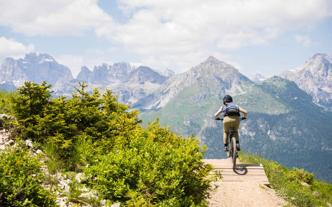 Eine Person fährt mit dem Mountainbike auf einem von grünen Büschen umgebenen Weg mit schroffen, schneebedeckten Bergen und einem teilweise bewölkten Himmel im Hintergrund.