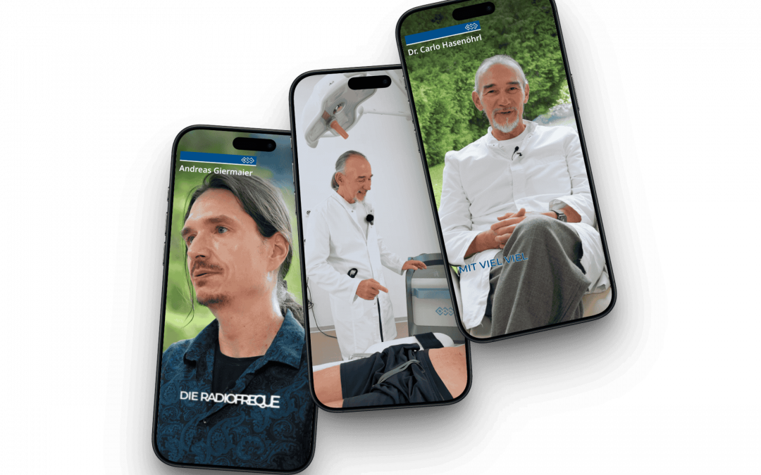 Drei Smartphones zeigen unterschiedliche Videoanrufe: Auf einem ist ein Mann mit langen Haaren und grünem Hemd zu sehen, auf einem anderen ein Mann in einem weißen Kittel, der spricht und gestikuliert, und auf dem dritten ein Arzt, der im Freien sitzt.