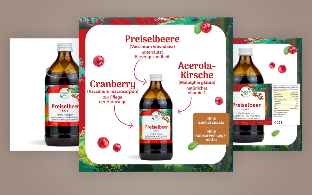 Zwei Flaschen Preiselbeersaft werden zusammen mit einer Informationskarte gezeigt, die die wichtigsten Inhaltsstoffe hervorhebt: Preiselbeere, Cranberry und Acerola-Kirsche, die ihre gesundheitlichen Vorteile erläutern. Der Hintergrund ist braun mit Beerengrafiken.