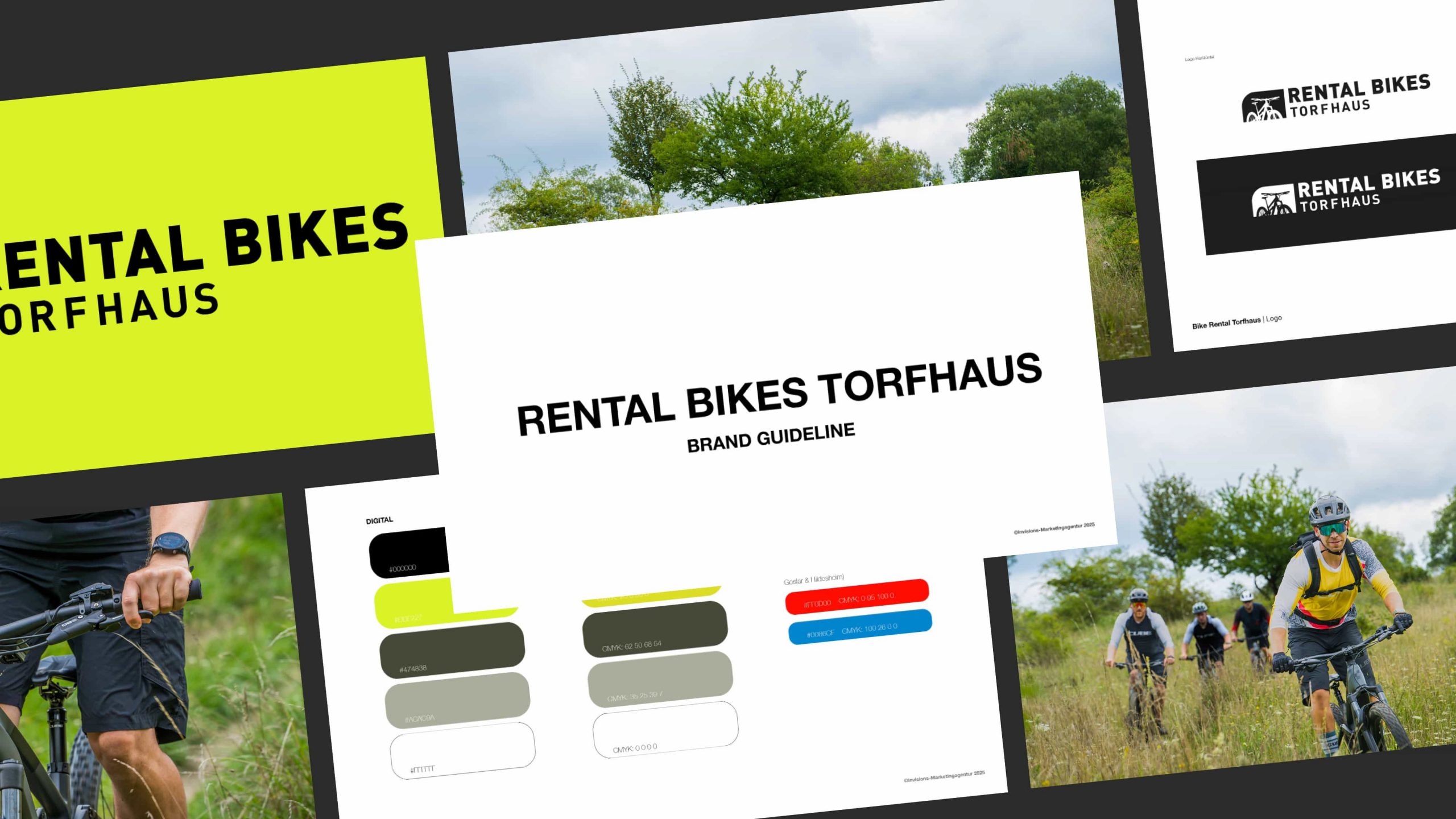 Eine Collage mit Markenrichtlinien für Rental Bikes Torfhaus, einschließlich Logodesigns, Farbpaletten und Fotos von Radfahrern in einer üppigen, grünen Umgebung.