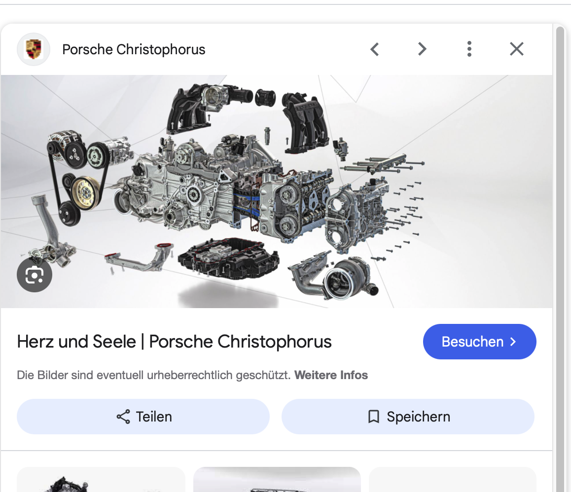 Explosionszeichnung eines Porsche-Motors, bei der alle Komponenten getrennt und in der Luft schwebend dargestellt sind, wobei jedes Teil vor einem hellen Hintergrund deutlich sichtbar und detailliert ist.