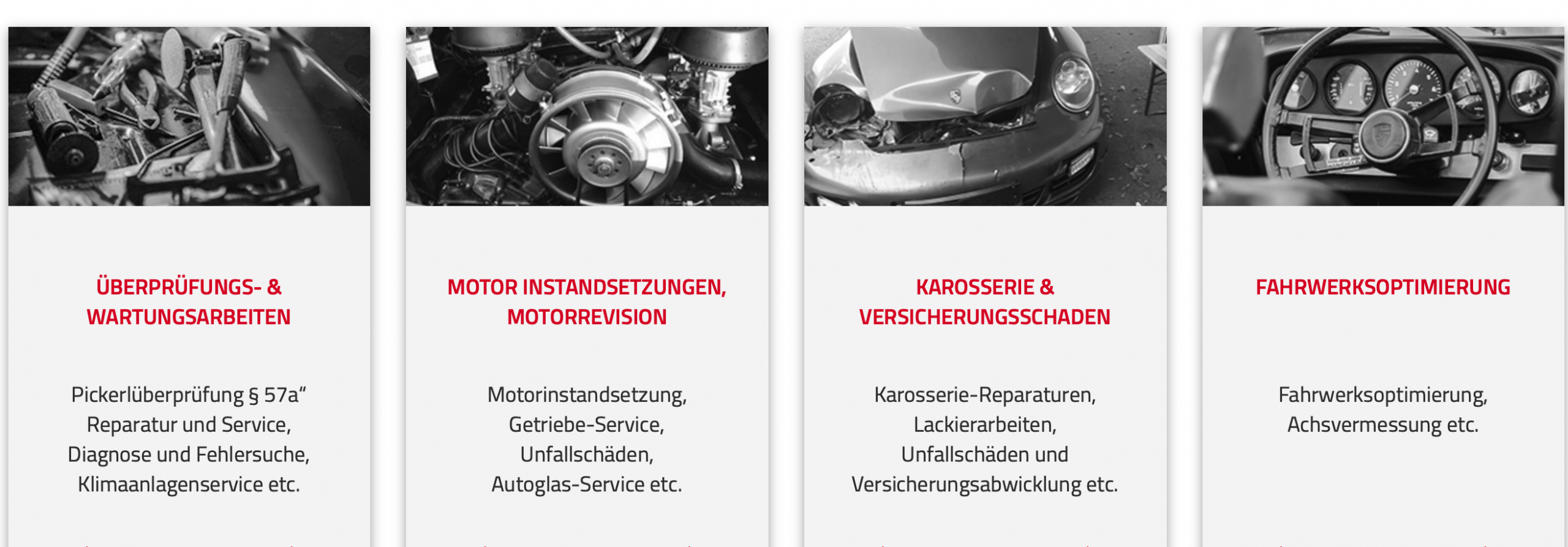 Vier Servicetafeln mit Bildern: Motorinspektion, Motorteile, eine beschädigte Motorhaube und ein Autorad. Auf jeder Tafel sind Reparatur- und Wartungsdienste in deutscher Sprache aufgeführt.