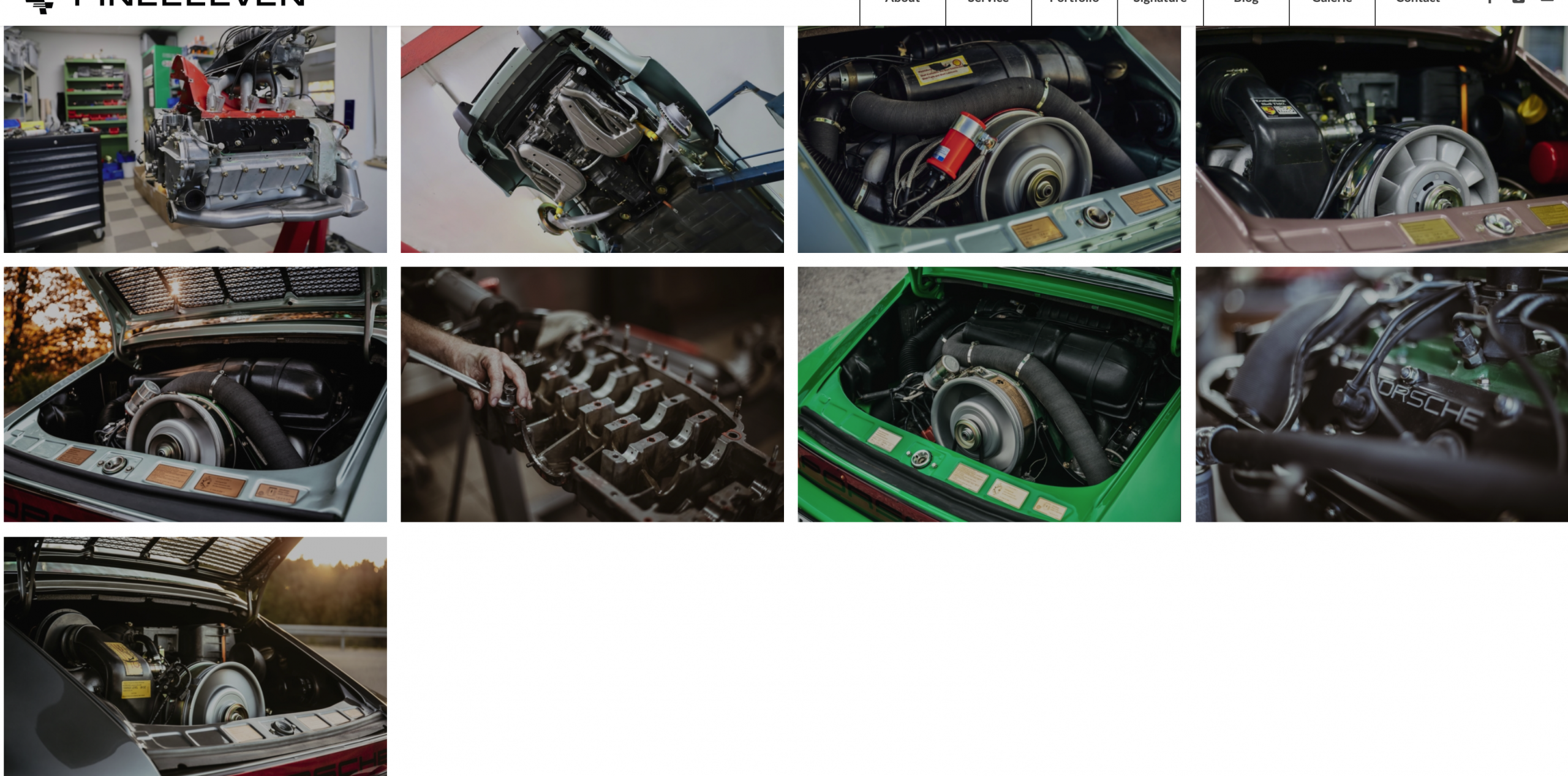 Eine Collage von acht Bildern, die verschiedene Porsche-Motoren zeigen, von denen einige in einer Werkstatt bearbeitet werden und andere in den hinteren Motorräumen klassischer Porsche-Fahrzeuge eingebaut sind.