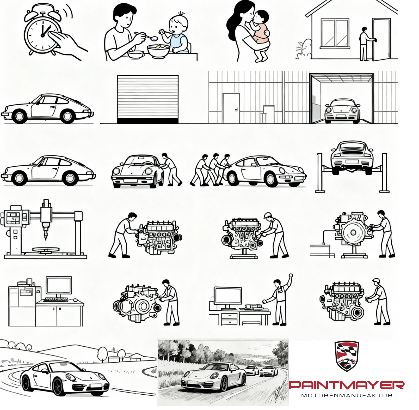 Eine Abfolge von Illustrationen zeigt den Tag eines Mannes: Aufwachen, Essen mit der Familie, Arbeiten an einem Auto, Reparatur eines Motors, Probefahrten und schließlich ein Logo für die Paintmayer Motormanufaktur mit einem Sportwagen.