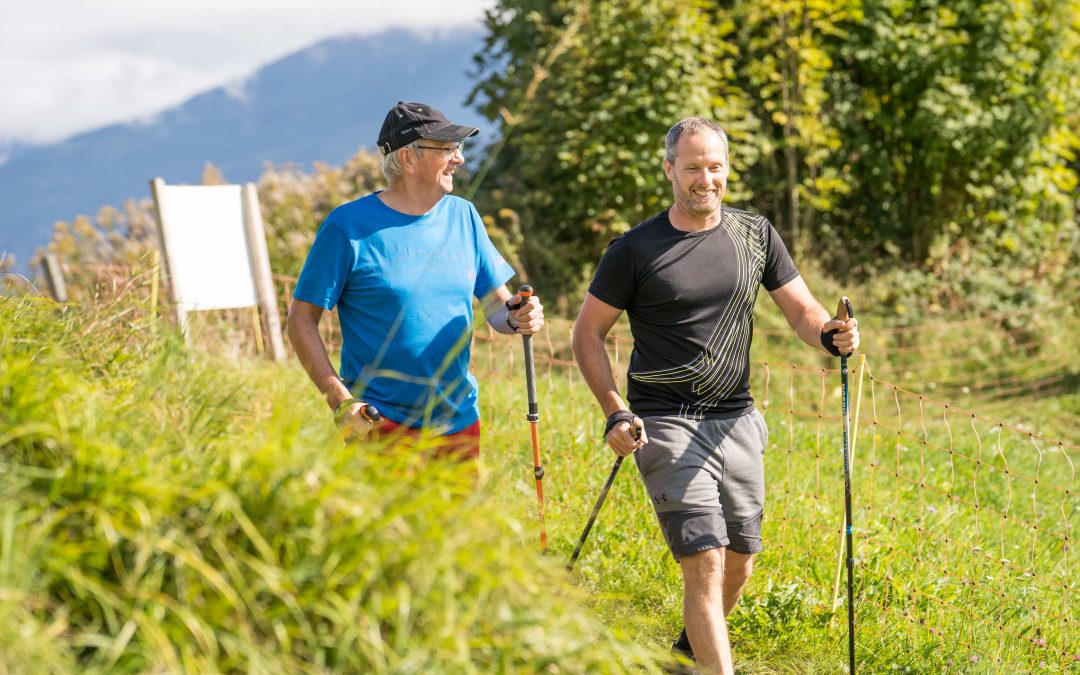 Robert_Treitinger_Trainer©invisions.at-5 Zwei Männer gehen an einem sonnigen Tag mit Trekkingstöcken im Freien spazieren, lächeln und haben Spaß dabei. Im Hintergrund sind grünes Gras, Bäume und Berge zu sehen, die eine malerische, natürliche Umgebung schaffen.
