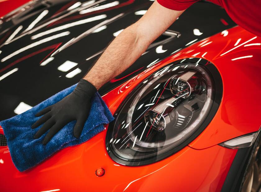 Eine Person mit einem schwarzen Handschuh reinigt mit einem blauen Mikrofasertuch die glänzende rote Motorhaube eines Sportwagens, wobei sie sich auf den Bereich in der Nähe der Scheinwerfer konzentriert.