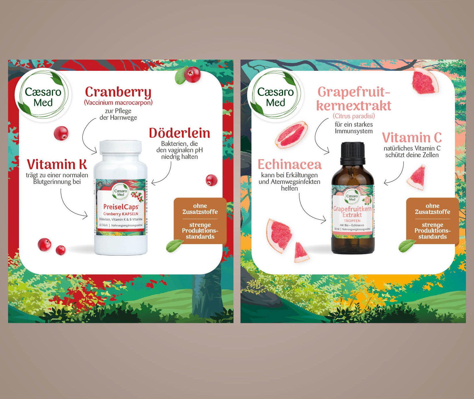 Zwei Produktanzeigen: eine für Cranberry-Kapseln mit Vitamin K und eine andere für Grapefruit-Extrakt mit Vitamin C und Echinacea. Beide zeigen Flaschen, Abbildungen von Früchten und grüne Bäume im Hintergrund.