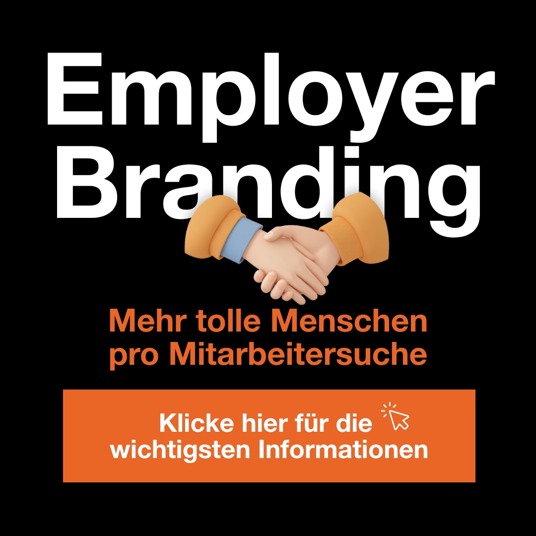 invisions_Leistungen_Titelbild_1x1_EmployerBranding2 Weißer Text Employer Branding über einem 3D-Handshake-Emoji. Darunter steht in oranger Schrift Mehr tolle Menschen pro Mitarbeitersuche. Eine Schaltfläche mit der Aufschrift Klicke hier für die wichtigsten Informationen auf schwarzem Hintergrund.