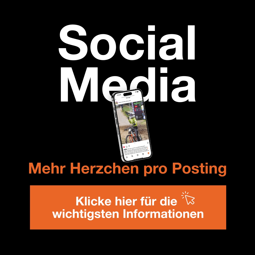 invisions_Leistungen_Titelbild_1x1_SocialMedia2 Weißer Text Social Media mit einem Smartphone, das einen Beitrag in den sozialen Medien zeigt; darunter steht in orangefarbenem Text Mehr Herzchen pro Posting. In einem orangefarbenen Kasten steht "Klicken Sie hier für die wichtigsten Informationen" mit einem Cursorsymbol.