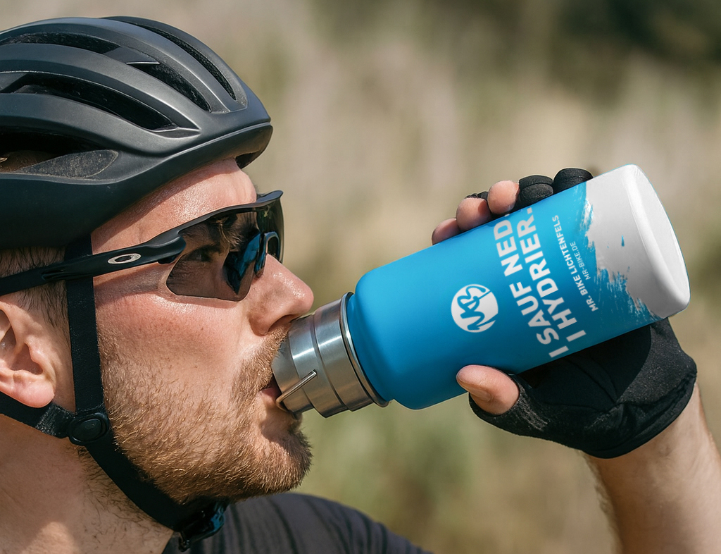 mrbike_Flasche_MockUp_3 Kopie Ein Radfahrer, der einen Helm, eine Sonnenbrille und Handschuhe trägt, trinkt im Freien aus einer blauen Wasserflasche mit der Aufschrift I SAUF NEED HYDRIER.